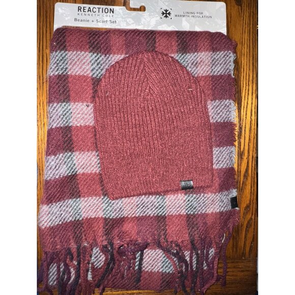 Kenneth Cole Reaction Men's Beanie & Scarf Set, Burgundy/Grey, One Size, NWT - Picture 1 of 3